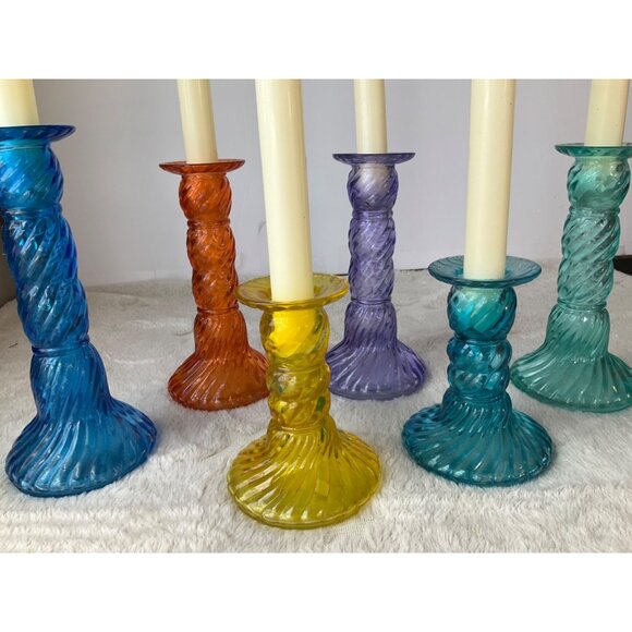 Vintage May Department St. Rainbow colorful glass candle stick holders set of 6 - Picture 4 of 16